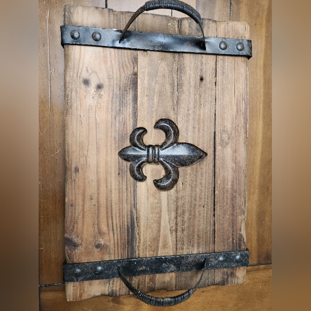 Rustic Wooden Serving Tray with Metal Handles